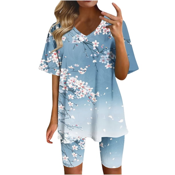 Blusas para las Mujeres Casual Impreso Cuello en V Manga Corta Blusa Pantalones Cortos, Conjuntos de Ropa para las Mujeres