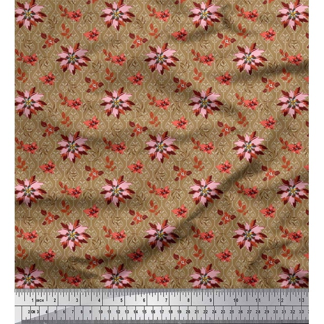 Soimoi Poly Georgette Fabric Damask Design,Leaves & Aster Floral Decor Fabric Printed Yard 42 Inch Wide