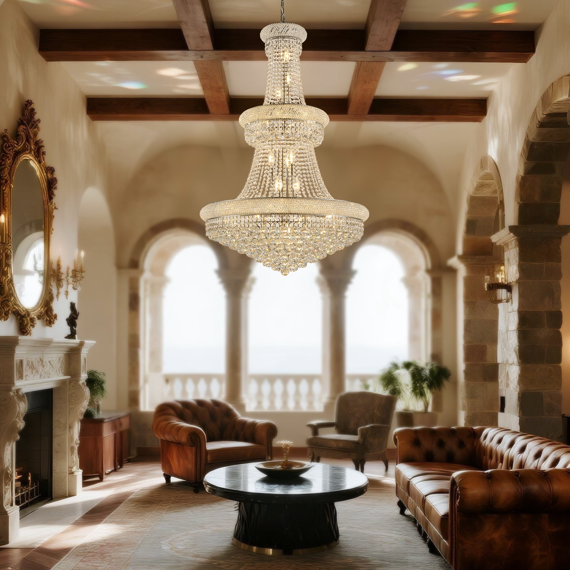 32-Inch Silver Crystal Chandelier, 27-Light French Empire Ceiling Light with LED Bulbs, Adjustable 59-Inch Chain, 3000K Warm Light, Perfect for Dining Room, Living Room, and Foyer