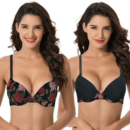 

Curve Muse Women s Plus Size Perfect Shape Add 1 Cup Push Up Underwire Bras-2PK-BLACK PRINT BLACK-44DDD