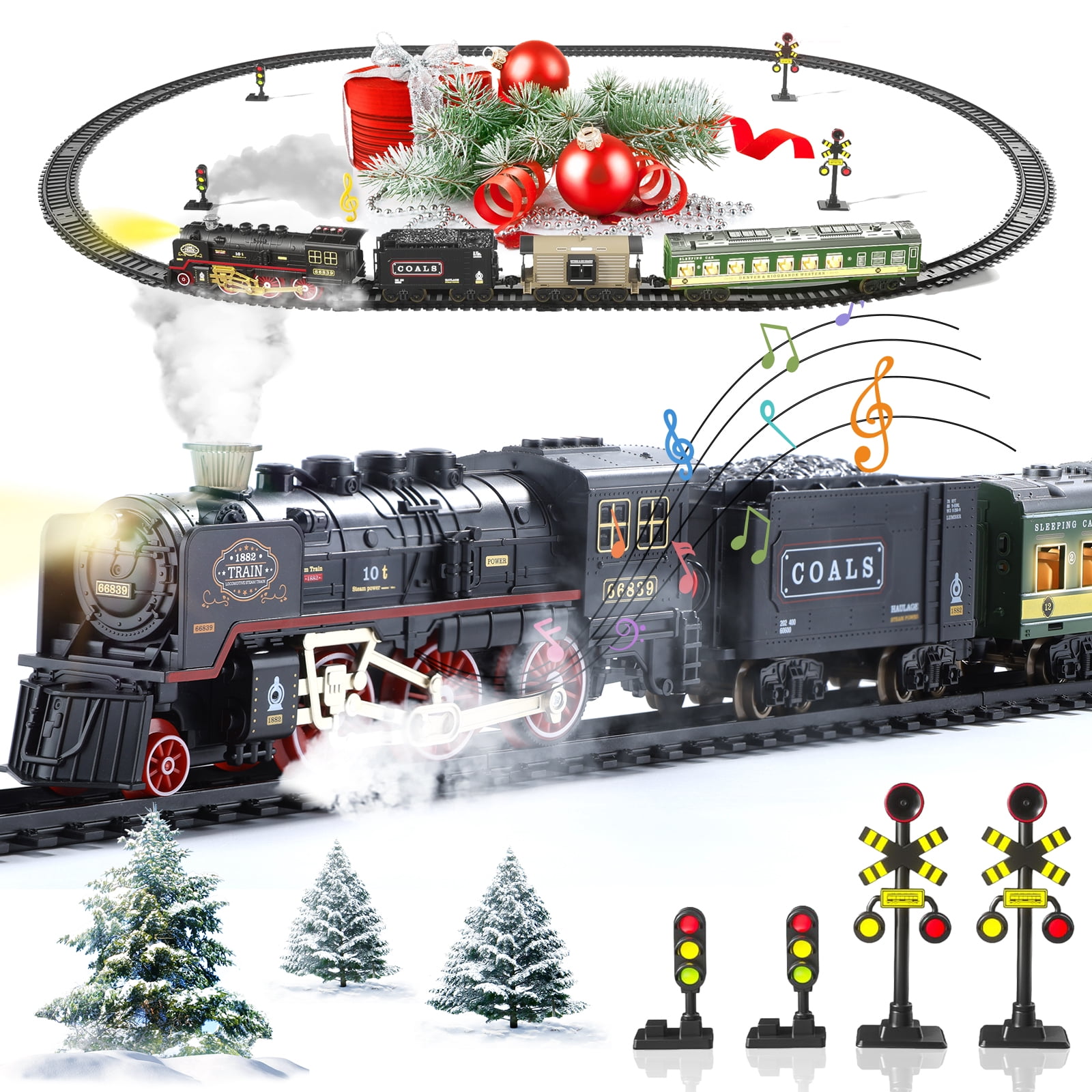 JoyStone Electric Train Set Toys for Boys with Smokes, Lights & Sound, Tracks, Toddler Model Train Set with Steam Locomotive Engine & Cargo Cars and Tracks, Christmas Toy Train for Kids