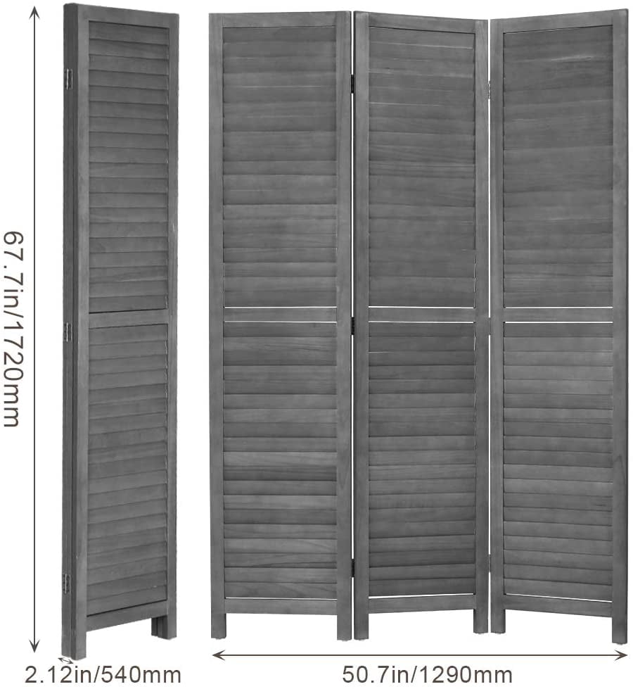Dkeli 3 Panel Wood Room Divider 4.3 ft Tall Privacy Wall Divider 67" x 16.9" Folding Wood Screen for Home Office, Gray