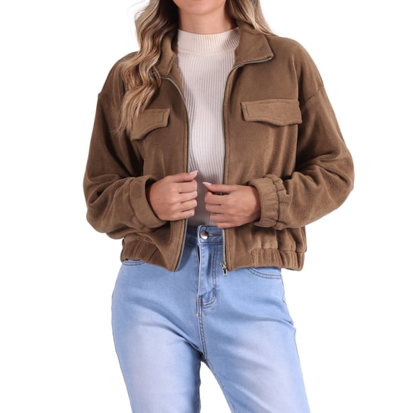 Chaqueta corta de forro polar INSPIRE CHIC para mujeres con cuello alto de felpa, manga larga, abrigo casual recortado marrón M