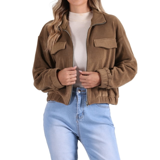Chaqueta corta de forro polar INSPIRE CHIC para mujeres con cuello alto de felpa, manga larga, abrigo casual recortado marrón M