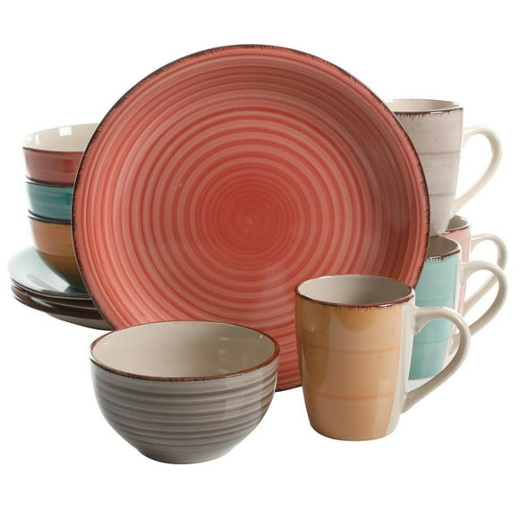 Gibson Home Color Vibes Pastel 12 Piece Dinnerware Set - 4 Assorted Colors - Rose, Turquoise, Grey & Popsicle, Handpainted