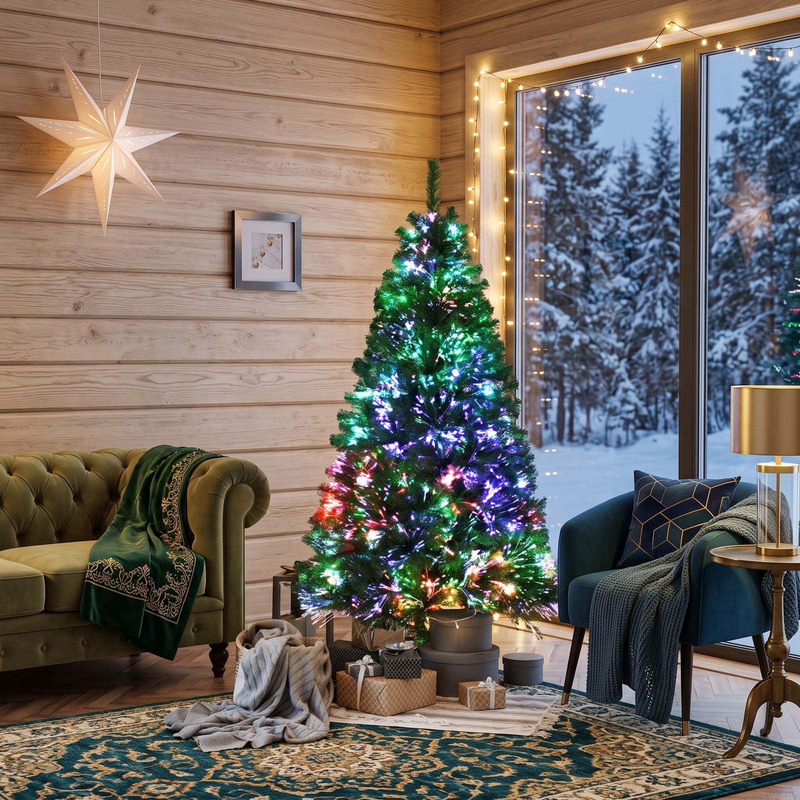 RUIE 5 FT Pre-Lit Fiber Optic Artificial Christmas Tree, Multi-Color LED Spruce Xmas Tree with Stand for Home Office Holiday Indoor Decoration, Green