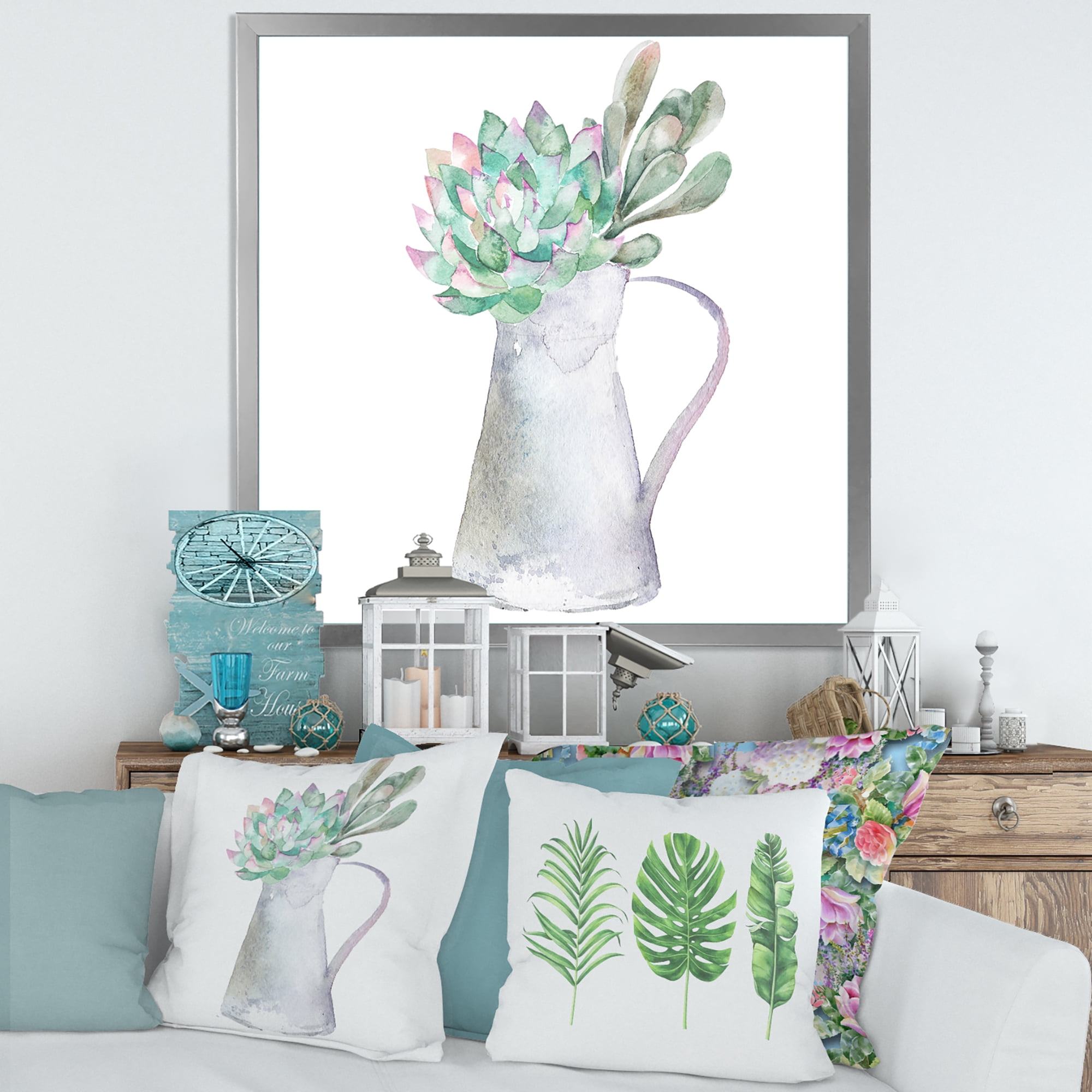 Designart 'Succulent Home Plant In Jug' Traditional Framed Art Print