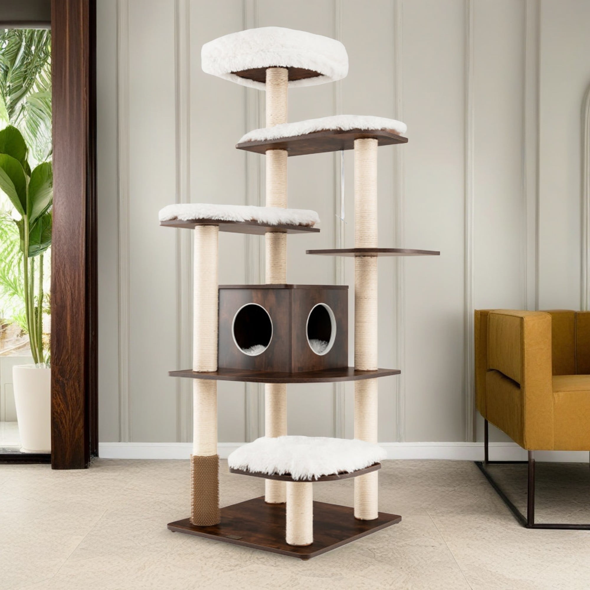 Kadyn 71" Modern Cat Tree Tower for Indoor Cats, Wood Cat Condo with Scratching Post and Removable Pads for Small Large Cats, Brown