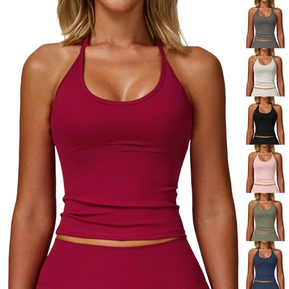 Women's Basic Scoop Neck Backless Double Lined Tie Halter Tank Tops Cute Summer Trendy Sleeveless Shirts Sports Workout Gym Crop Top Going Out Slim Fitted Sexy Army Green L