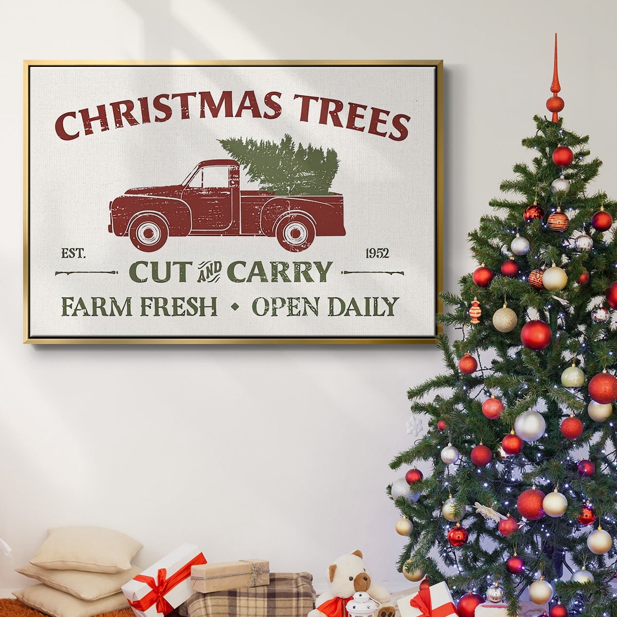 Christmas Farm Sign Collection A - Framed Gallery Wrapped Holiday Canvas - 25 x 37 - Gold Frame
