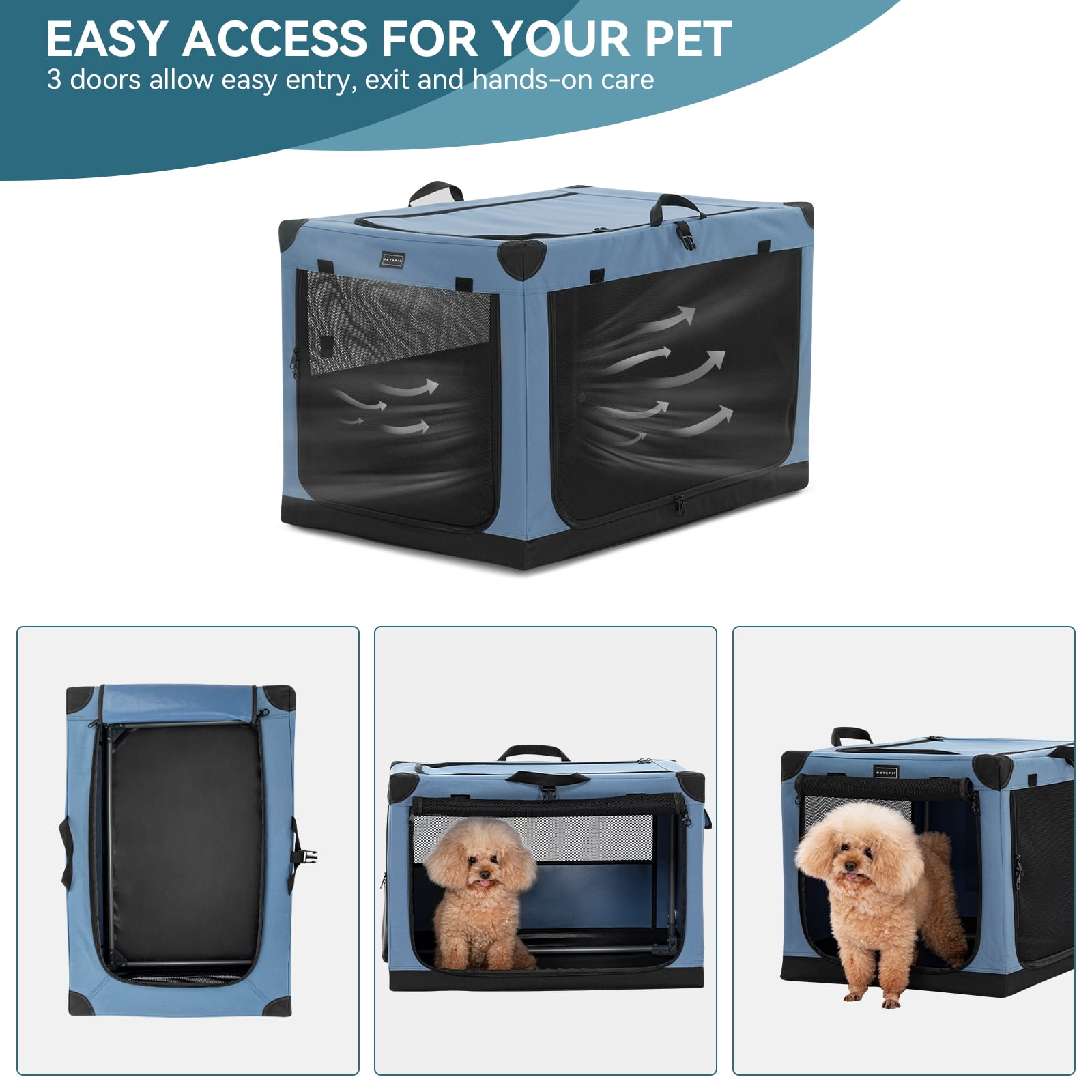 Petsfit Dog Travel Crate, Adjustable Fabric Cover by Spiral Iron Pipe, Chew Proof 3 Door Design, Portable Collapsible Pet Crate Blue