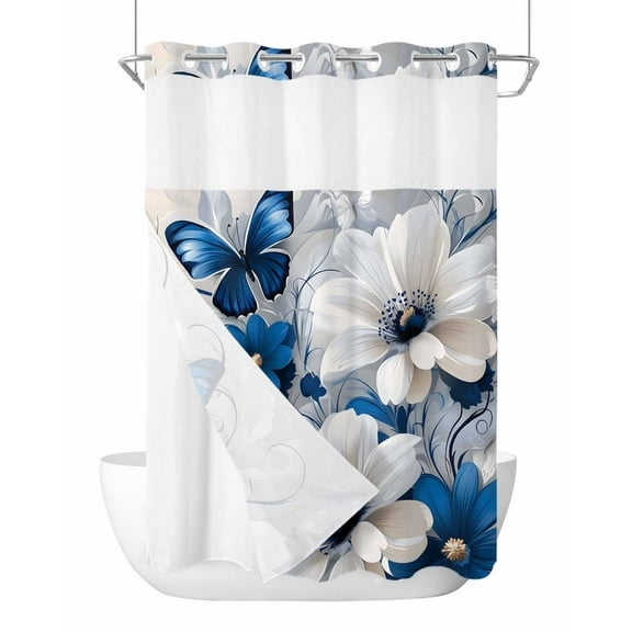 No Hook Shower Curtain with Snap-in Liner, White Blue Flowers Waterproof Fabric Bathroom Curtains, Modern Elegance Butterfly Floral Bath Curtains & Mesh Top Window 72"x96" Extra Long
