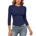thumbnail image 3 of Arlun Womens 3/4 Length Sleeve Tight Tops Crew Neck Casual Slim Fit T-Shirts Solid Color Basic Tees Stretchy Soft Comfortable Trendy Summer Going out Top for Daily Wear 1-Dark Blue S, 3 of 6