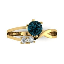 0.87 ct Round Cut Natural London Blue Topaz 3 Stone 18K Yellow Gold Womens Engagement Ring