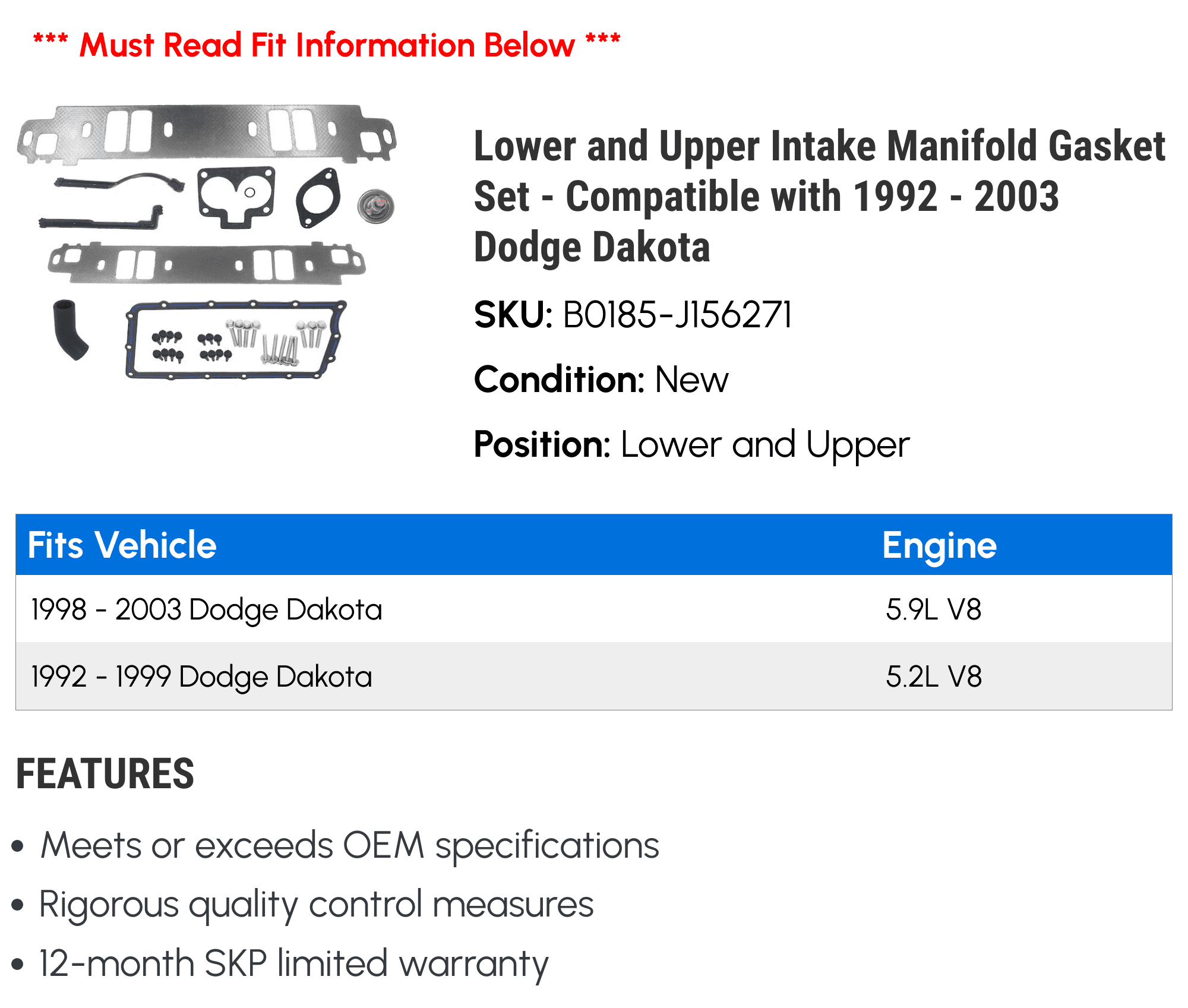 Lower and Upper Intake Manifold Gasket Set - Compatible with 1992 - 2003 Dodge Dakota 1993 1994 1995 1996 1997 1998 1999 2000 2001 2002