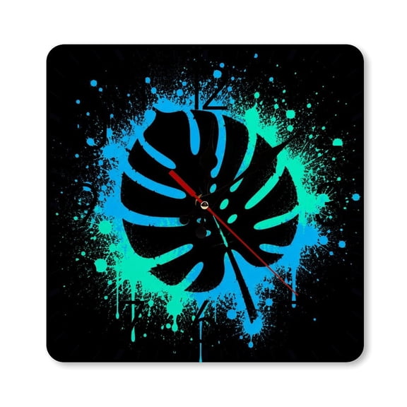 RKSupls 10×10inch Square Silent Wall Clock Wooden Frame, Neon Monstera Splash Scale Decorative Clock for Home Bedroom Living Room Office