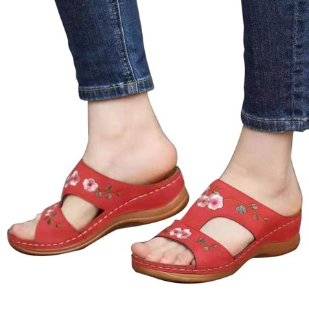 

Summer Flower Sandals Comfort Slide Sandals Beautiful Low Heel Walking Slippers For Women 43 Red