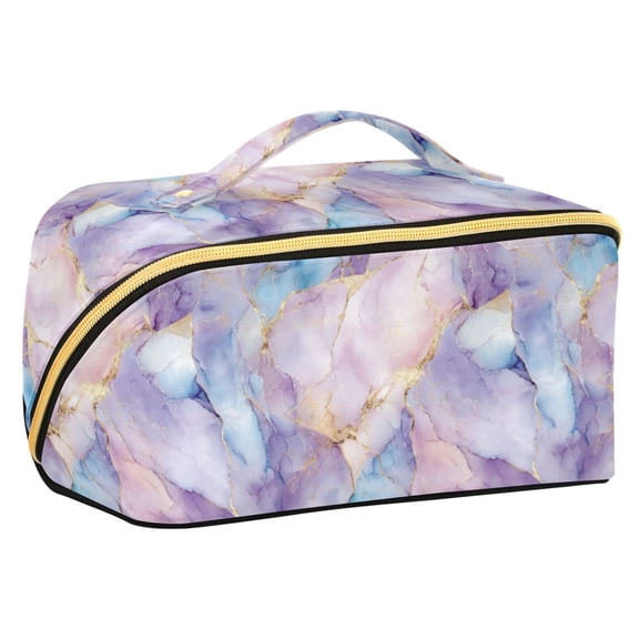 FORMRS Makeup Bag Travel Cosmetic Organizer for Women Fold Flat Zipper Pouch with Handle, Purple Marble Pattern