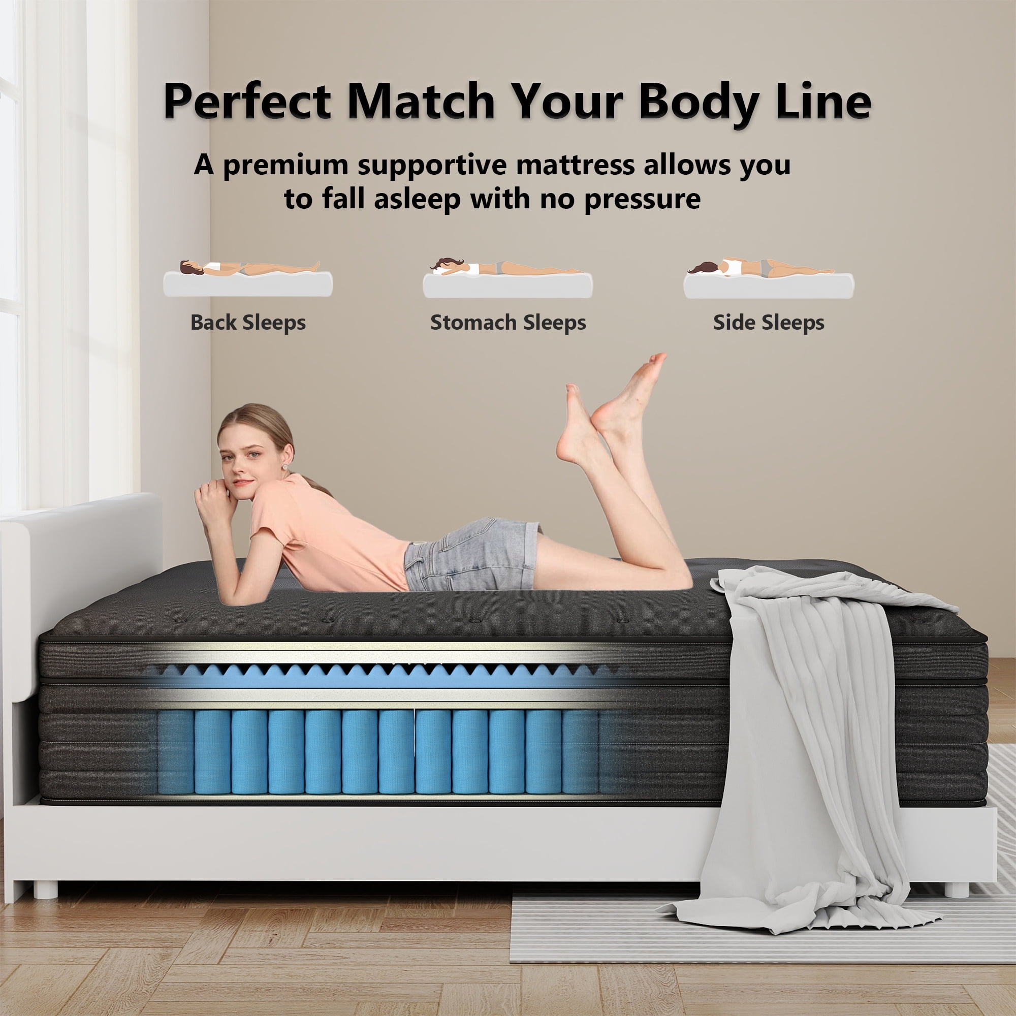Kviwasha 12 inch Queen Mattress in a Box, Hybrid Gel Memory Foam with Individually Wrapped Pocket Coils, Medium Firm, Pressure Relief, Cooling Sleep Support for Adult