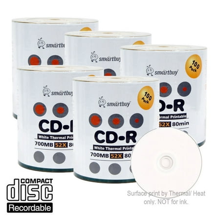 500 Pack Smartbuy 52X CD-R 700MB 80Min White Thermal Hub Printable Data Blank Media Recordable Disc