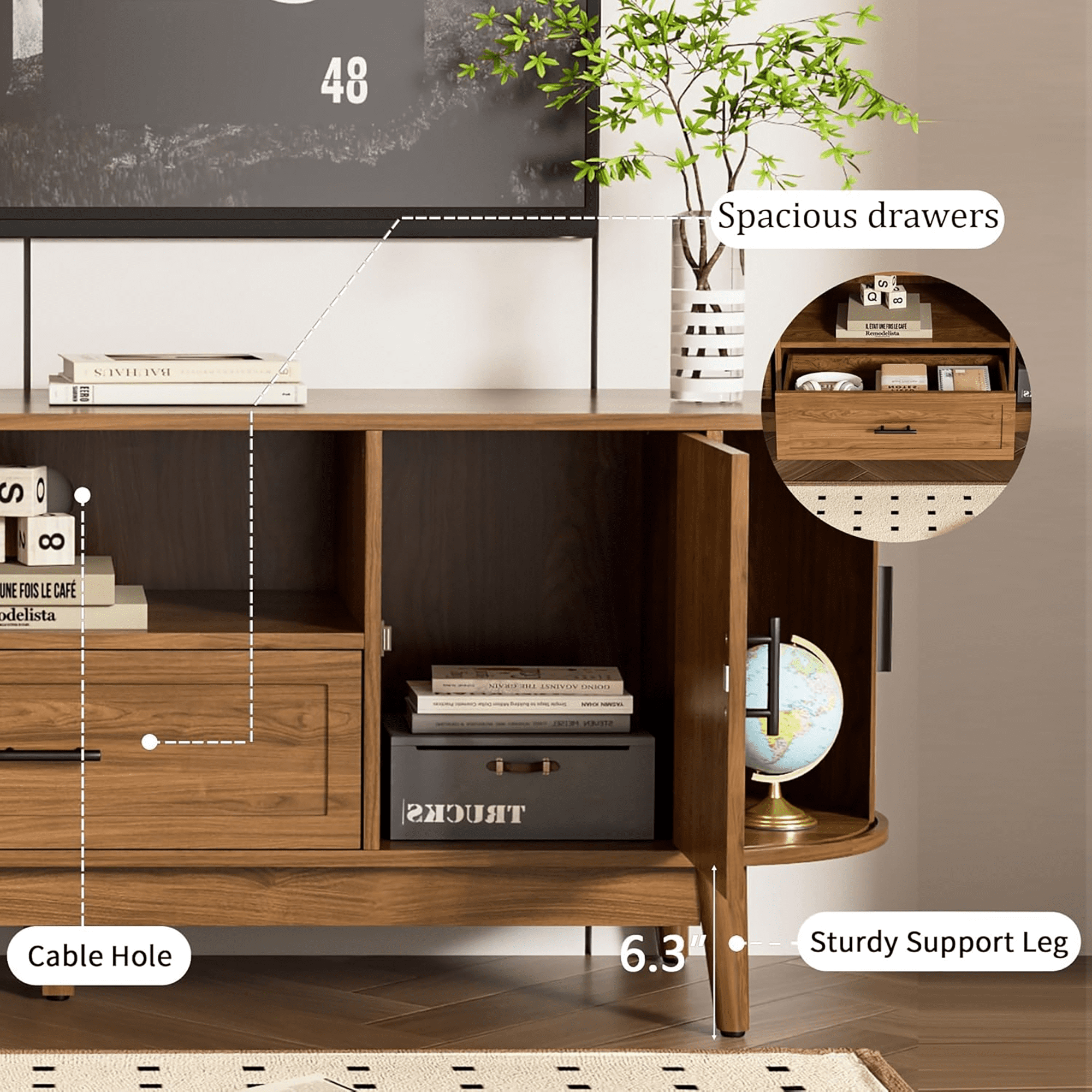 63" TV Stand for Tvs up to 70", Mid Century Modern Fluted Entertainment Center with Drawer and Fluted Doors, Media Console for Living Room Bedroom, Walnut
