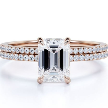 JeenMata 4-Prong Setting 2.25 Carat Emerald Cut Pave Shank Bridal Ring Set in 18K Rose Gold Plating over Silver