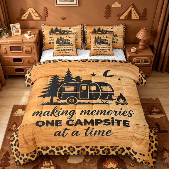 Catabedysis Cheetah Pattern Camping 7-Piece Twin Bedding For Girls,Wooden Leopard Print Bedding Comforter Set,Multicolor,Reversible