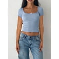 thumbnail image 2 of Women Y2k Summer Slim Fit Crop Tops Lace Trim Short Sleeve Square Neck Show Navel Ribbed T-Shirt, 2 of 5