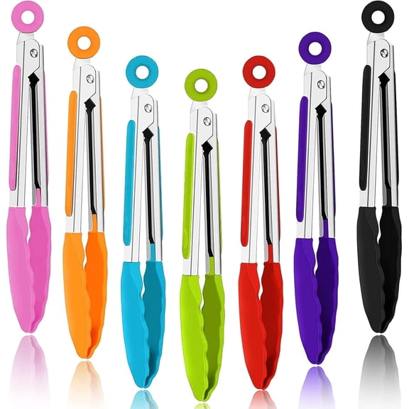 7Pack Kitchen Tongs,7 Inch Silicone Small Tong,Mini Food Tongs with Silicone Tips,Stainless Steel Cooking Tong,Heat Resistant Tongs for Cooking Grilling Frying Serving BBQ Salad,Multicolor