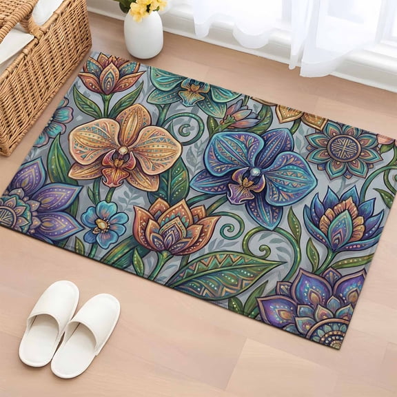 Vintage Colorful Floral Entryway Rug 2'x3' Non Slip Front Door Mats, Spring Boho Vintage Abstract Art Entrance Rugs Indoor Outdoor Carpet, Washable Floor Mats Small Area Rug for Bedroom Kitchen