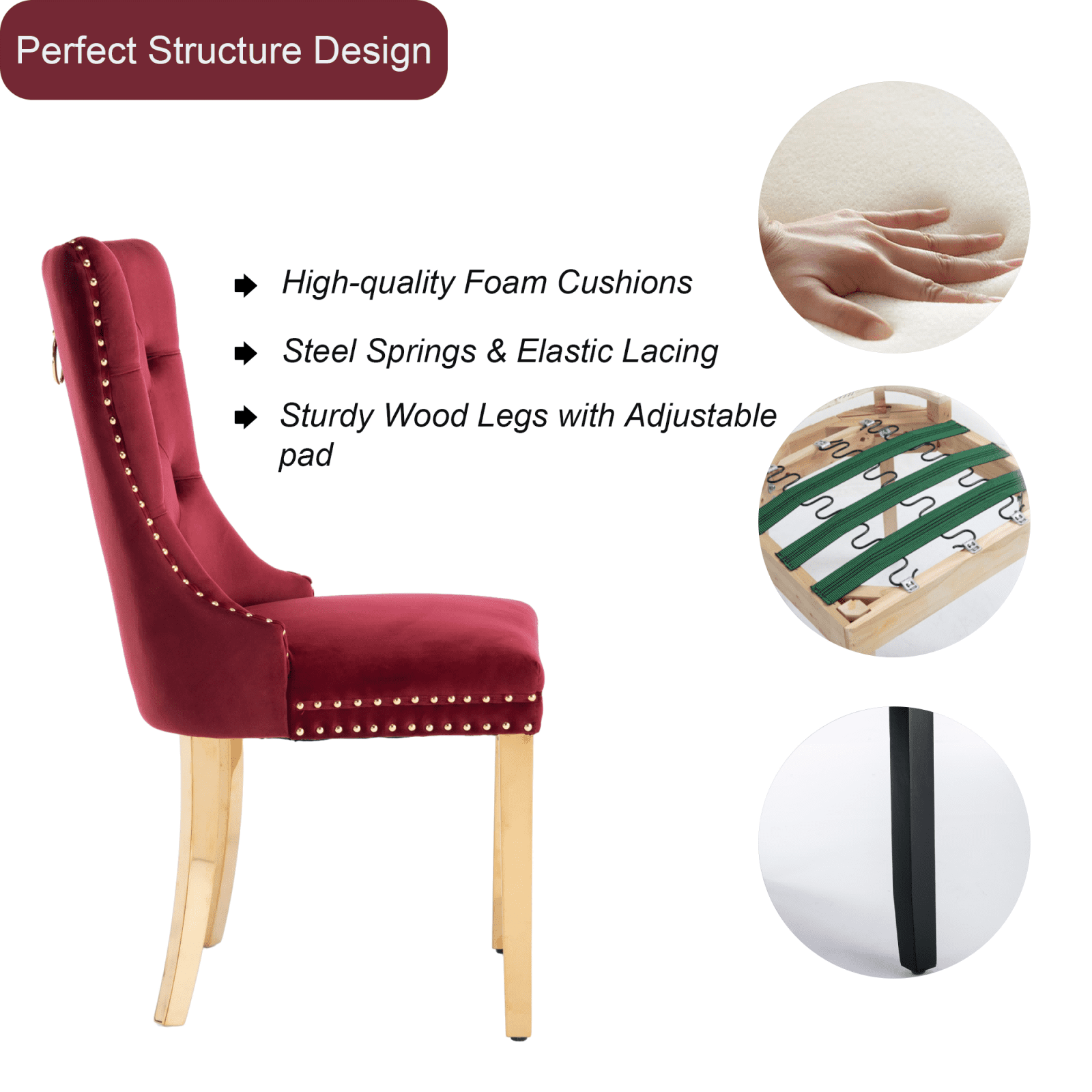 Dining Room Chairs with Velvet Fabric Dining Chairs with Golden Stainless Steel Plating Legs, Backrest and Button Velvet Fabric DesignLuxury Home Furniture for Dining Room(Burgundy Set of 4)