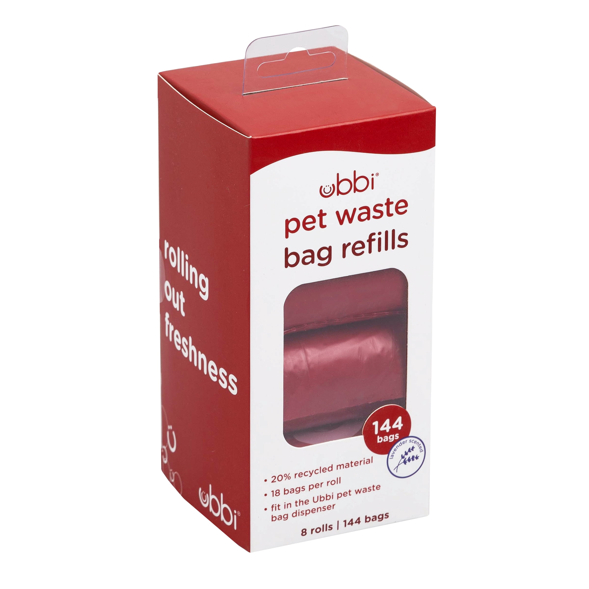 Ubbi Dog Poop Bags, Waste Bag Refill Rolls for Dogs, Leak Proof, Lavender Scented, 144 Count, Red