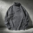 thumbnail image 2 of Men's Ripped Sweater Male Long Sleeve Distressed High Neck Pullover Jumpers Grey Size M, 2 of 8