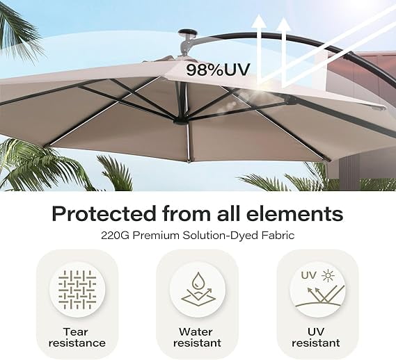 Yardgrace 11FT Patio Umbrella with Lights and Base, Large Offset Cantilever Umbrella with 360°Rotation for Patio, Pool, Garden and Backyard (Champagne)