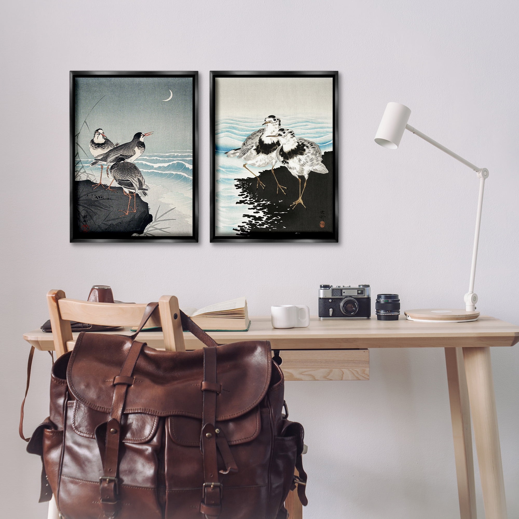 Stupell Industries Sea Birds Under Moon Animals Painting Black Floater Framed Canvas Art Print Wall Art, 17 x 25, Set of 2