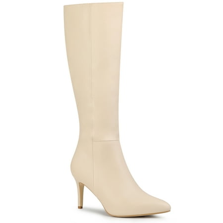 

BLISSFUL STEP Women Pointed Toe Side Zipper Stiletto Heel Knee High Boots Nude 8