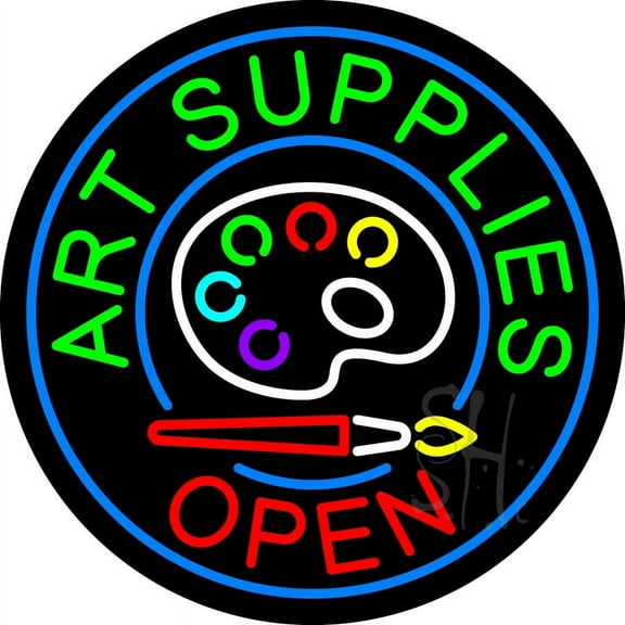 Art Supplies Open LED Neon Sign 26 x 26 - inches, Clear Edge Cut Acrylic Backing, with Dimmer - Bright and Premium built indoor LED Neon Sign for art gallery, and exhibition.