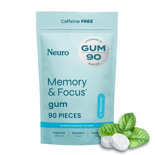 Chicle Neuro Memory & Focus (90 unidades) - Descafeinado y sin azúcar con ginseng americano, L-teanina, vitamina B12 y vitamina B6 para la alerta mental - Suplementos cerebrales para la memoria y la c
