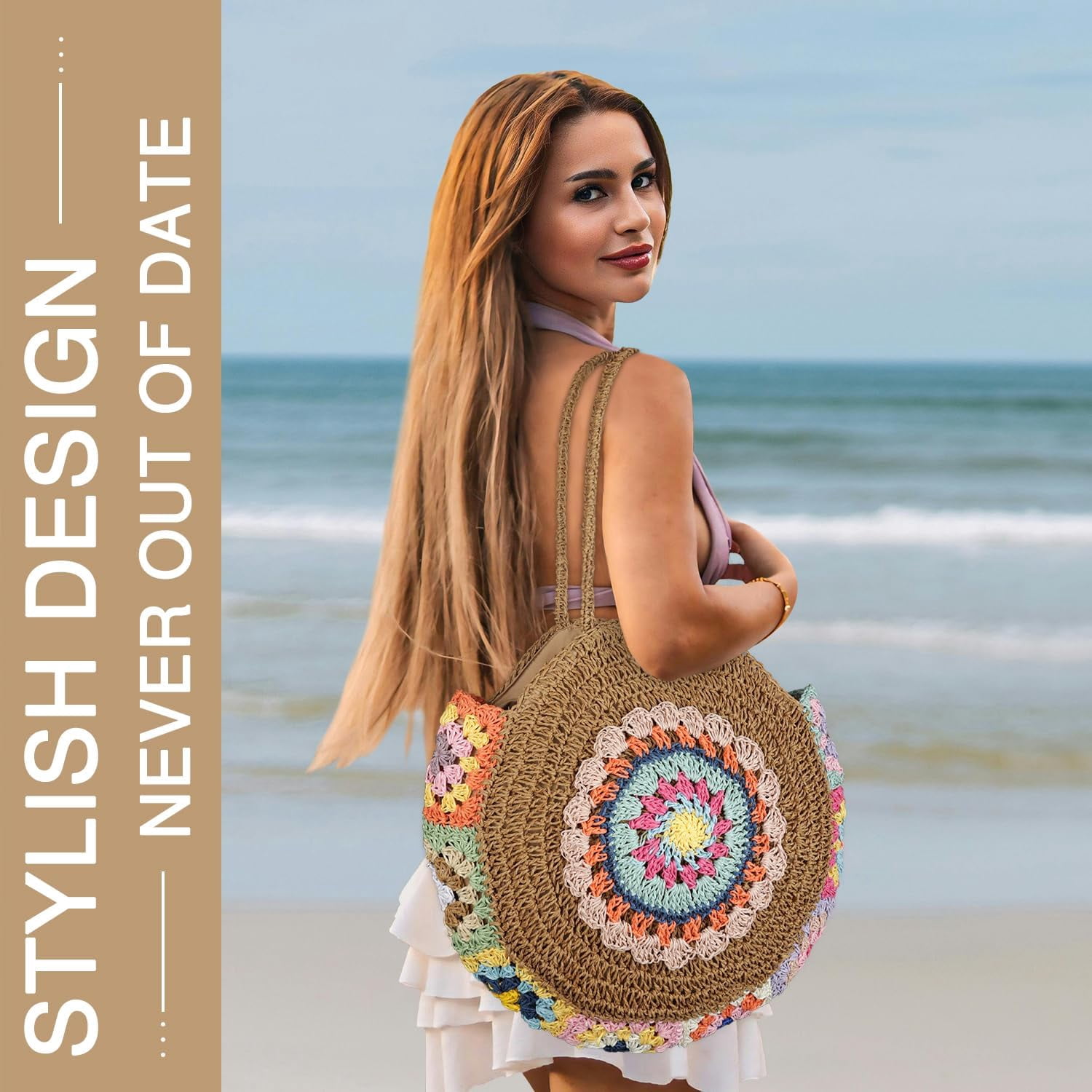Straw Bags for Women Large Beach Tote Bag Floral Crochet Woven Shoulder Purse Summer Handbag
