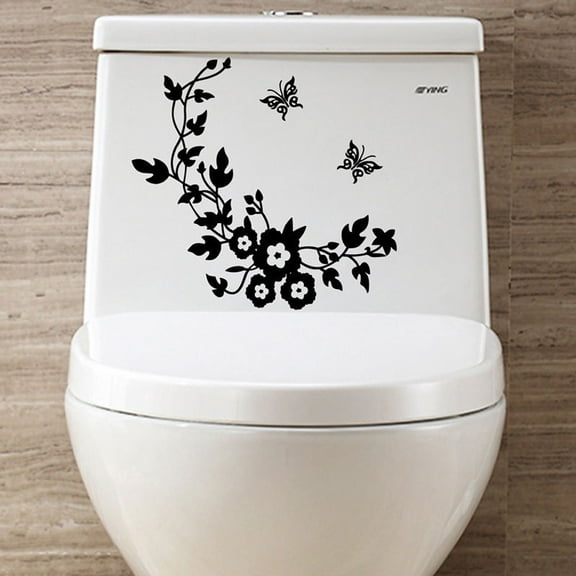 Pompotops Clearance Sales Flower Toilet Seat Wall Sticker Bathroom Decoration Decals Decor Black