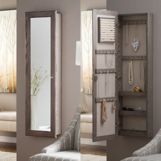 Wall Mounted Locking Mirrored Jewelry Armoire Driftwood Walmart Com Walmart Com