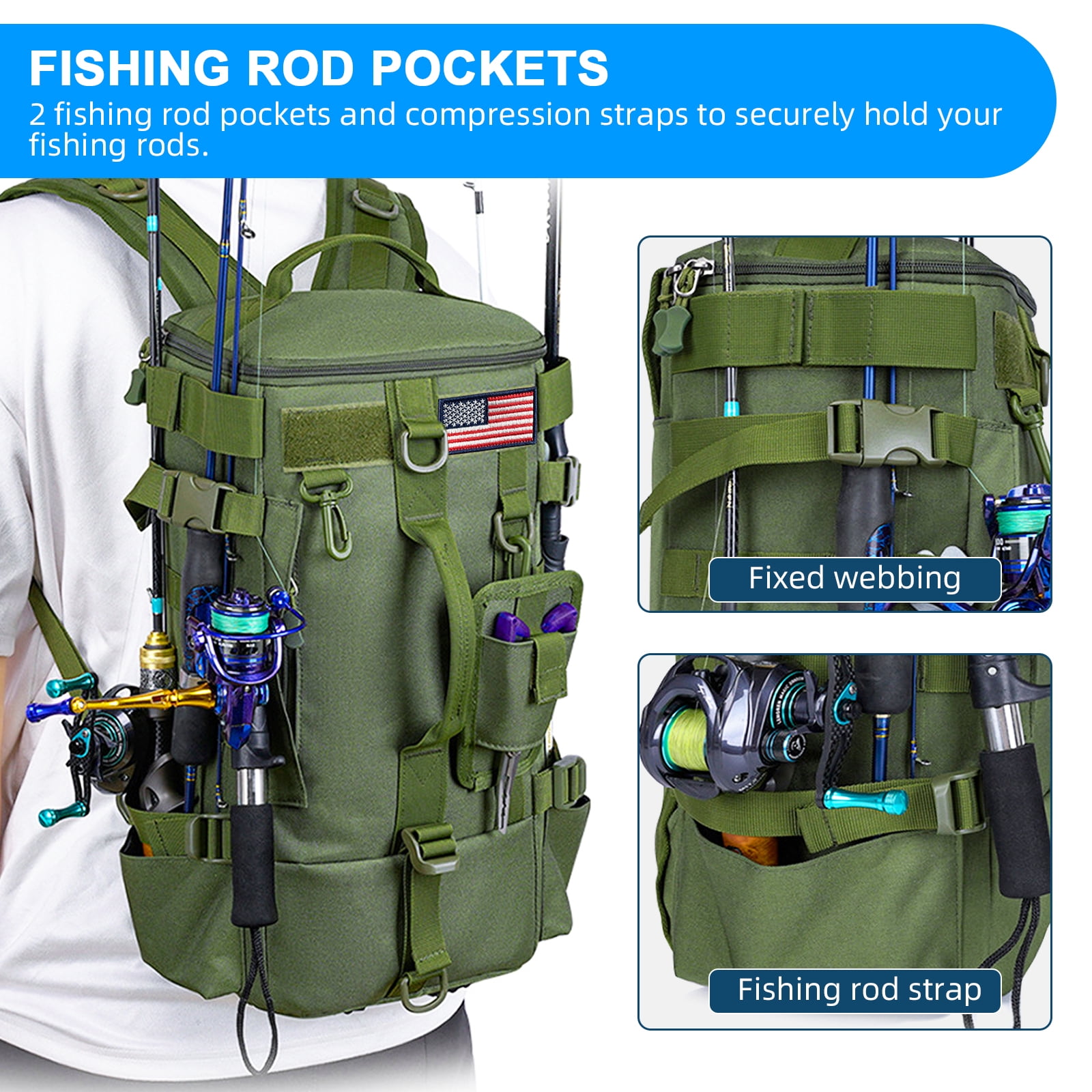 FANOTEK Fishing Backpack with Rod Holder, Waterproof Outdoor Tackle Box Bag, Fishing Gear and Equipment Storage Bag Green