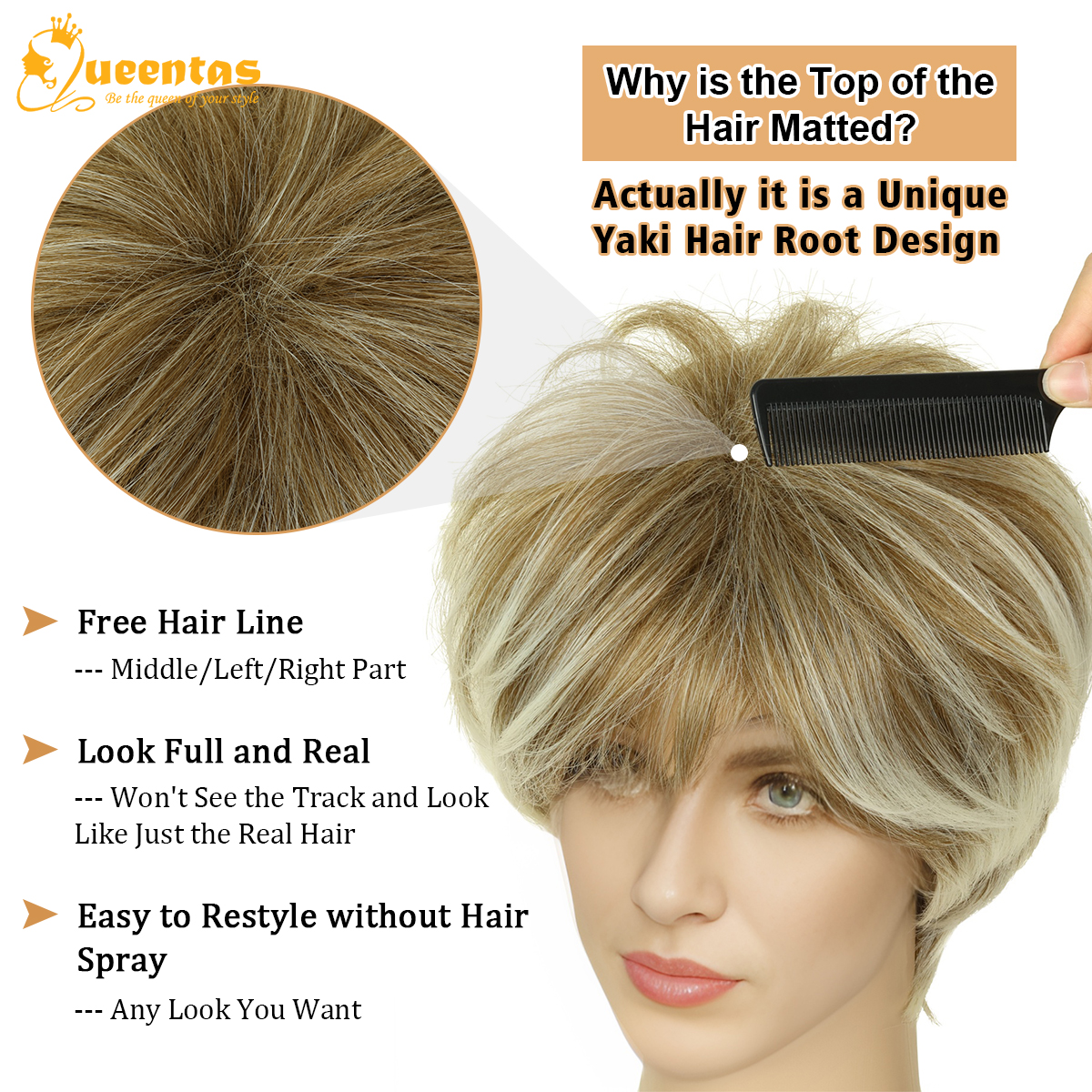 Peluca corta rubia estilo pixie para mujer, con capas y flequillo, aspecto natural, sintética, fácil de usar, con gorra ajustable, raíz marrón con efecto ombre 7