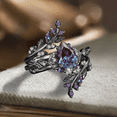thumbnail image 3 of Vintage Pear Alexandrite Engagement Ring- Gothic Leaf Bridal Set in 14K Black Gold Vermeil- Unique Enhance Stack Wedding Band, 3 of 5