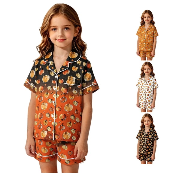 XAOFW Girls Halloween Pajamas Pumpkin Printed Short Sleeve Button Down Shirts Shorts Toddler Kids Fall Winter Soft Cute Sleepwear 2-3 Years