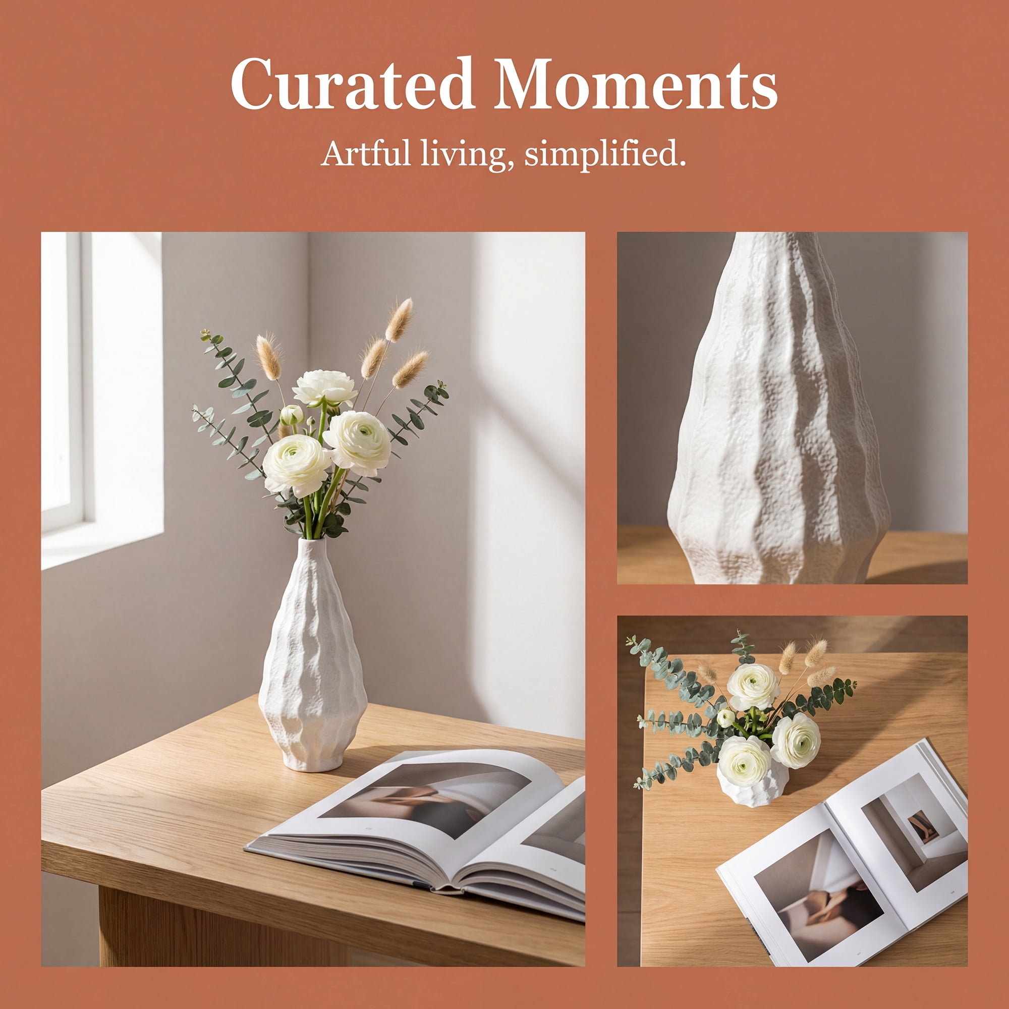Unique Bargains Matte Chubby Bud Flower Vase with Wide Opening Ribbed Decorative White
