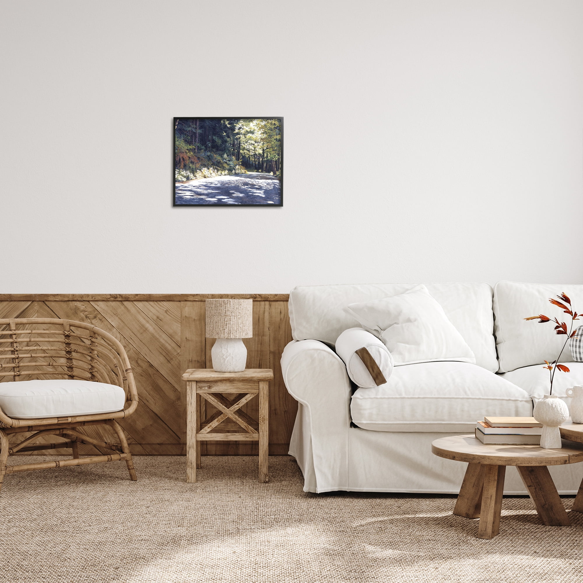 Stupell Industries Sunlit Woodland Road Landscape Painting Black Framed Art Print Wall Art, 20 x 16