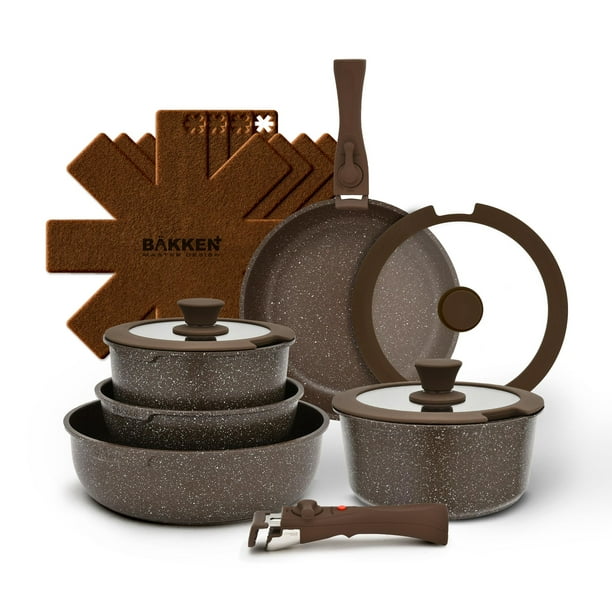 Bakken- Juego de utensilios de cocina suizos - Revestimiento de granito antiadherente, ollas y sartenes con asas y tapas de vidrio templado, sin PFOA, PFOS, PTFE, temperatura máxima de cerámica (hasta