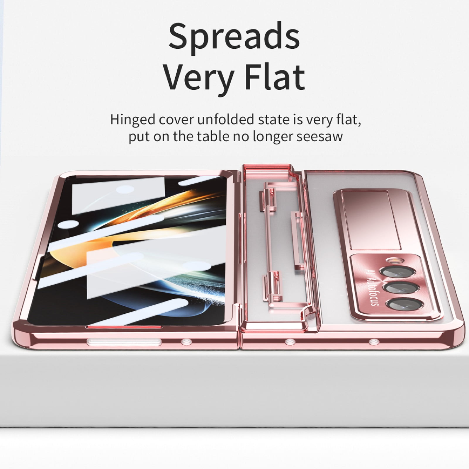 ELEHOLD for Samsung Galaxy Z Fold 4 Leveling Hinge Folding Case, HD Transparent Plating Frame Wireless Charging Hidden Kickstand 360° Full Protection Anti-Drop Shockproof Case for ZFold 4,Rosegold