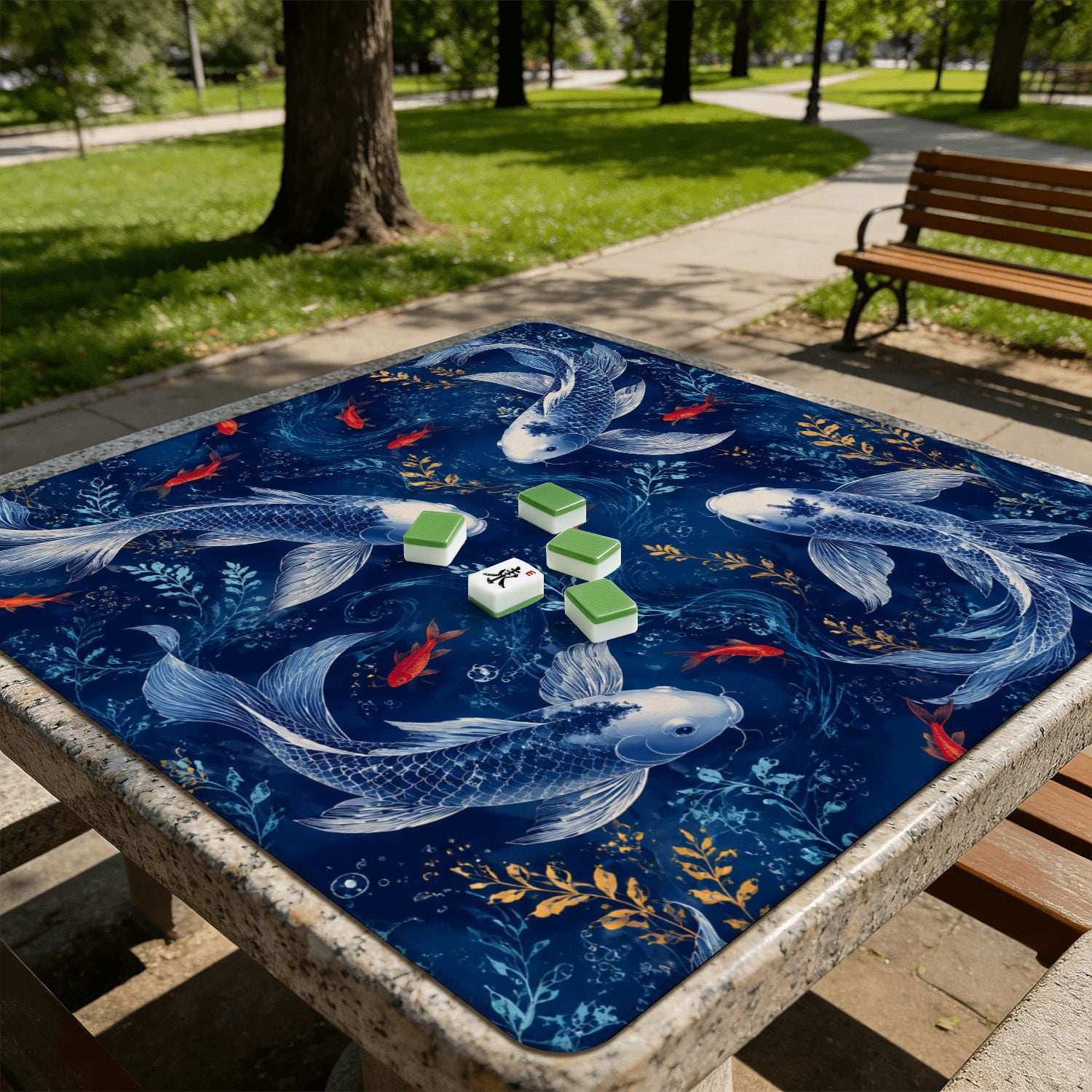 Mahjong Mat 31.5" x 31.5" Fish Flowing Lines Deep Blue Non-Slip Noise Reduction American Mahjong Tiles Table Cover for Dominoes Poker Card Board Games Gift